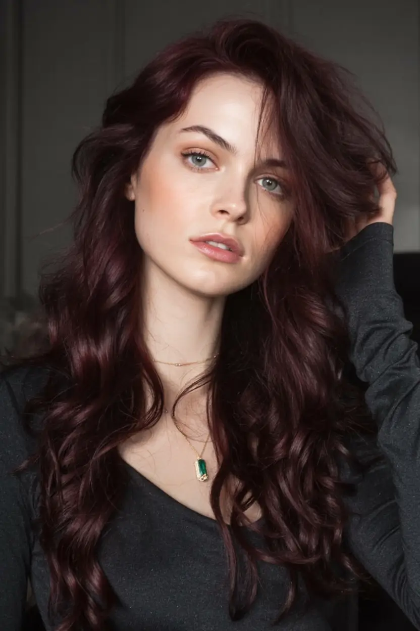 dark winter hair color ideas 2025 2026 Merlot Crimson Waves