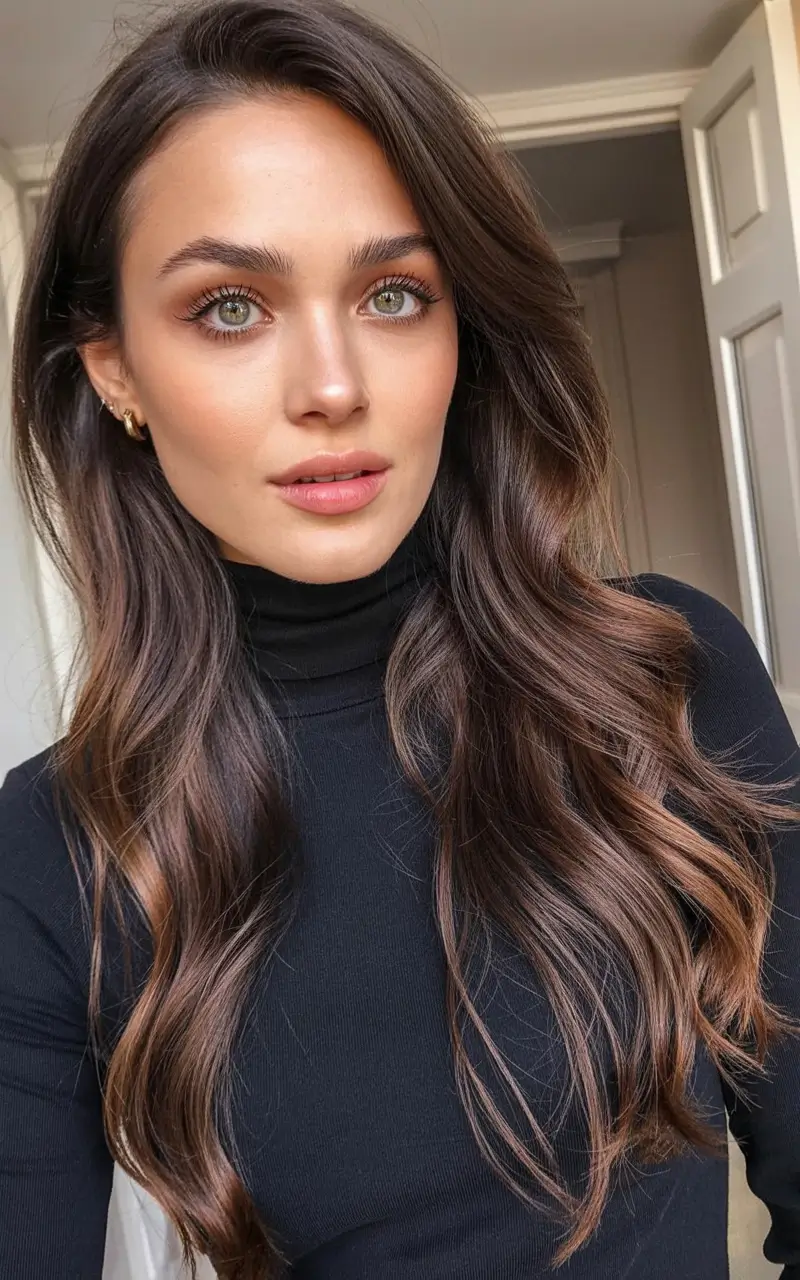 dark winter hair color ideas 2025 2026 Chestnut Shine with Subtle Balayage