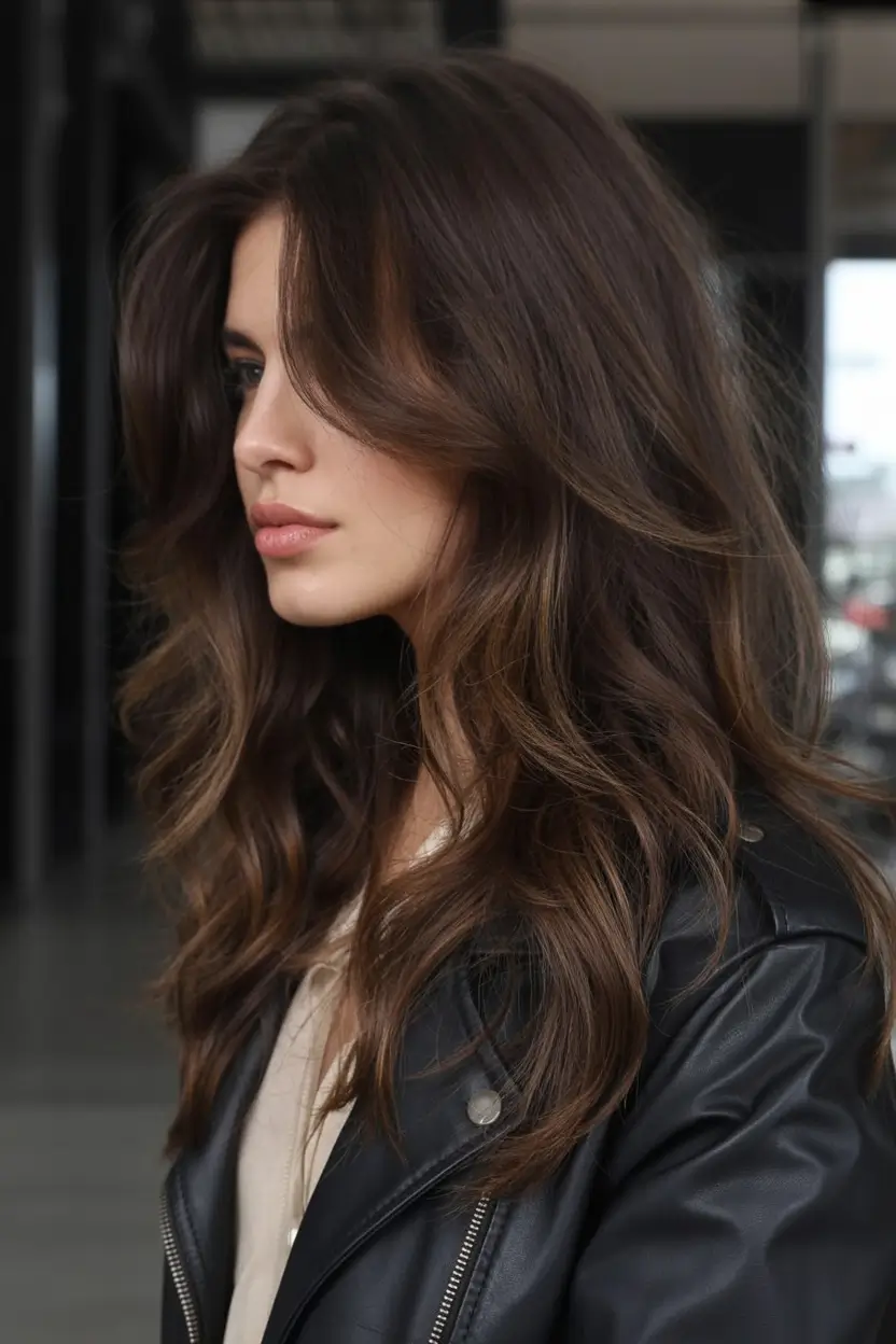 dark winter hair color ideas 2025 2026 Chestnut Dimension with Volume