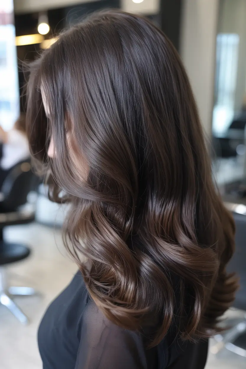 dark winter hair color ideas 2025 2026 Glossy Mocha Curls