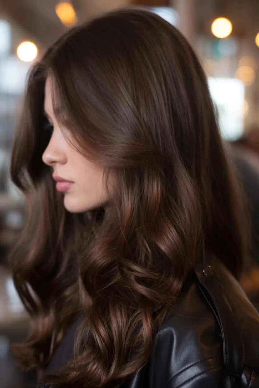 dark winter hair color ideas 2025 2026 Chestnut Luxe Volume