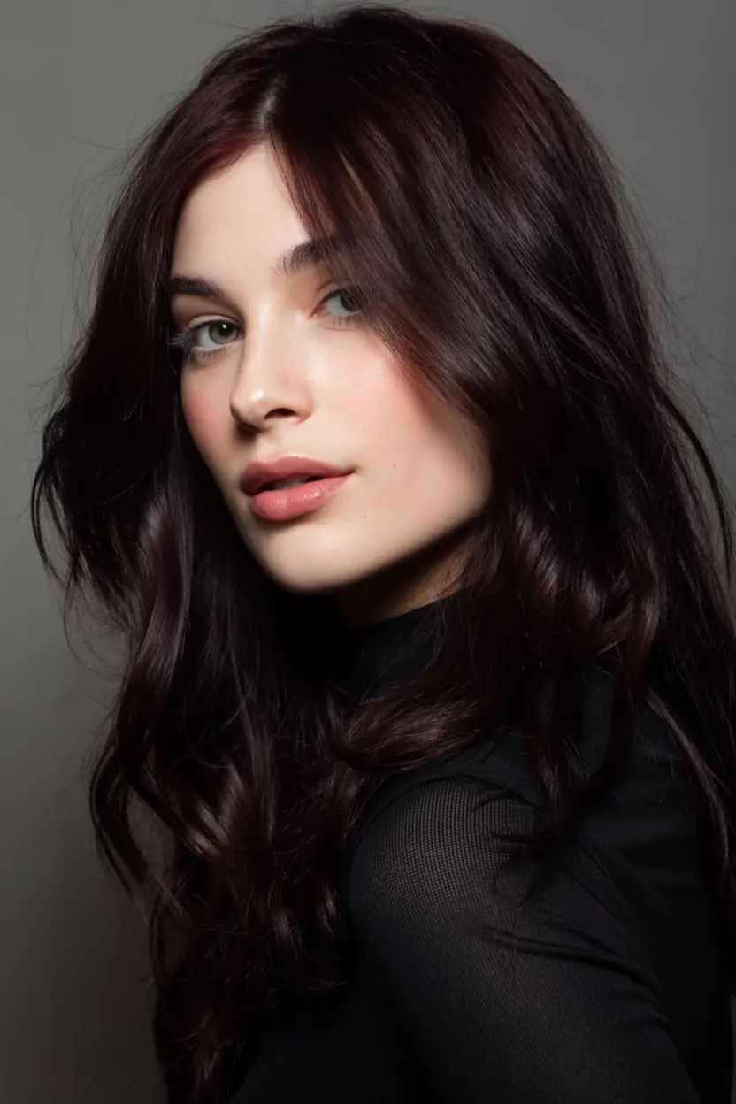 dark winter hair color ideas 2025 2026 Mulberry Shine with Movement