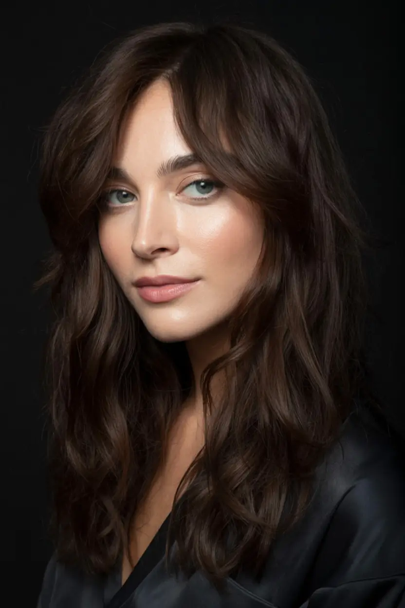 dark winter hair color ideas 2025 2026 Smoky Brunette with Soft Bangs