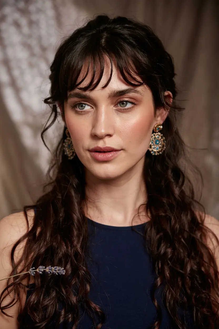 deep winter hair colors ideas 2025 2026 Romantic Dark Waves with Fringe