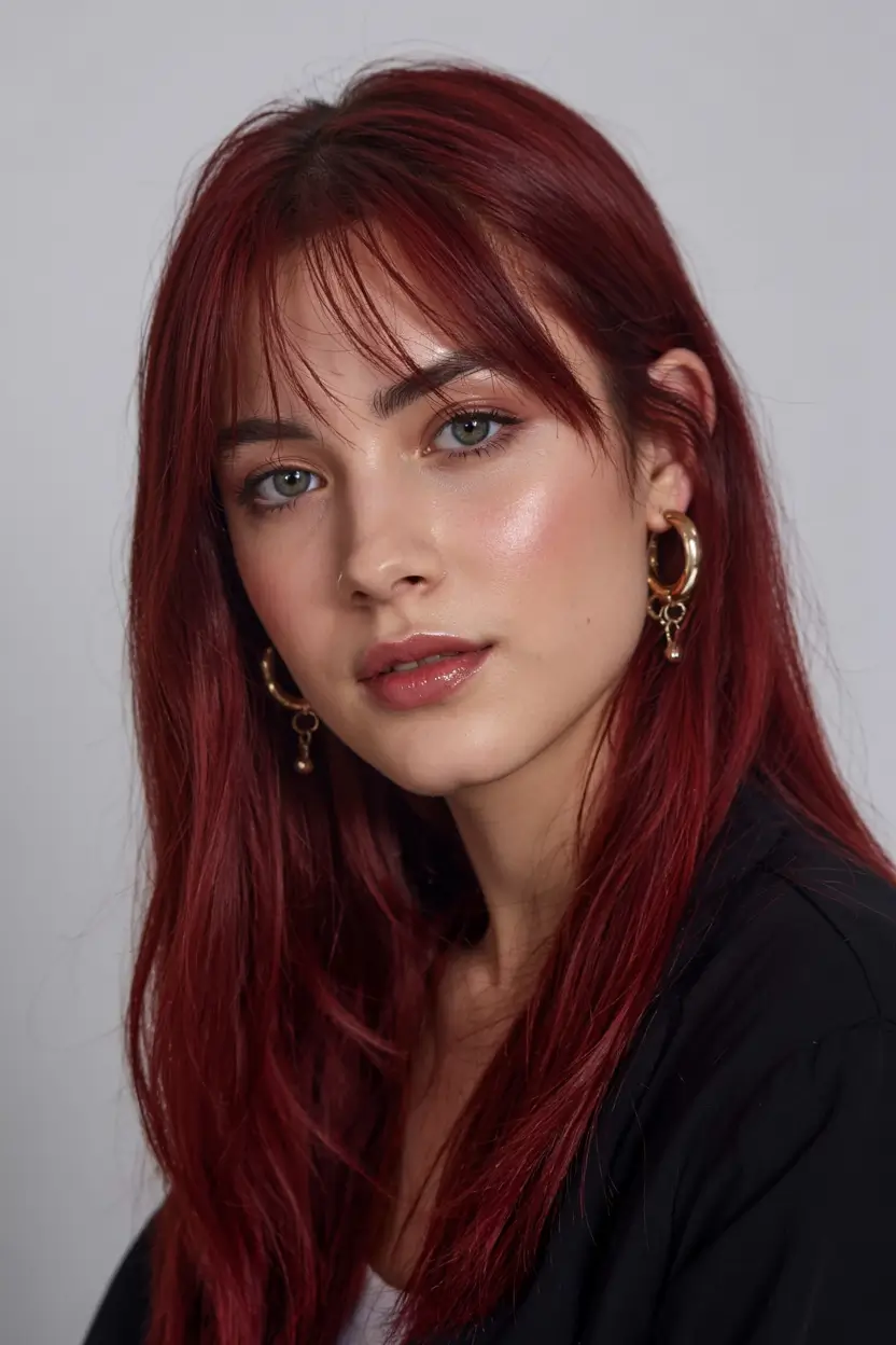 deep winter hair colors ideas 2025 2026 Crimson Sleek with Fringe