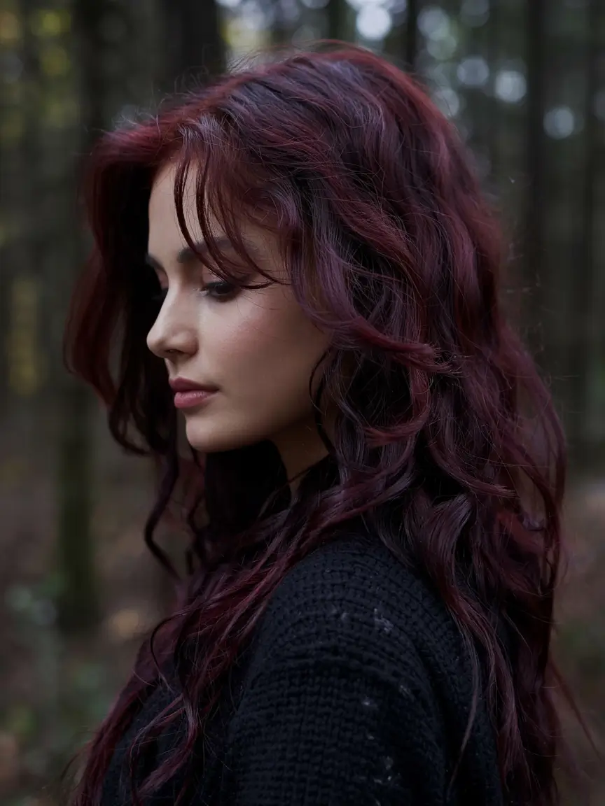 deep winter hair colors ideas 2025 2026 Burgundy Forest Waves