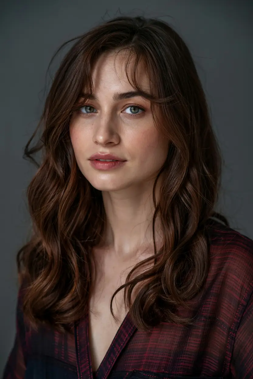 deep winter hair colors ideas 2025 2026 Classic Brunette with Wispy Bangs