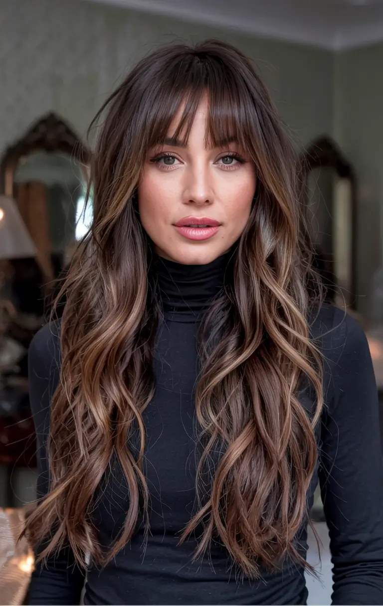 deep winter hair colors ideas 2025 2026 Hazelnut Balayage with Curtain Bangs