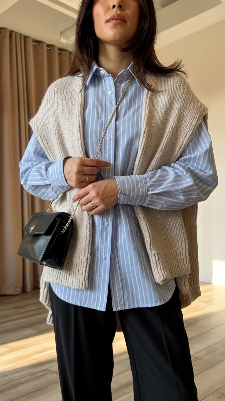 early winter outfits 2025 Layered Ease with a Knitted Vest