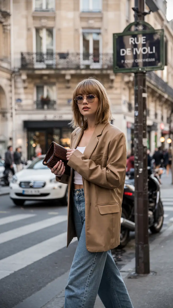 early winter outfits 2025 Camel Blazer and Denim Classic