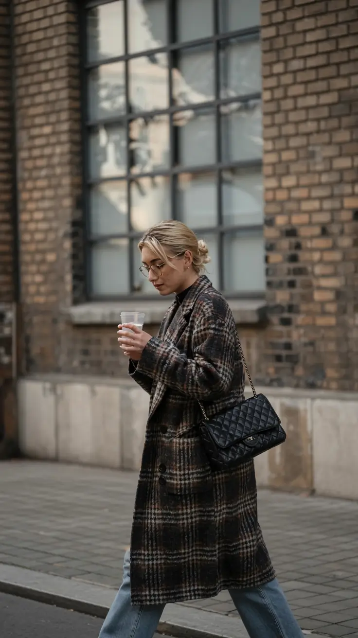 early winter outfits 2025 Plaid Coat with Quilted Elegance