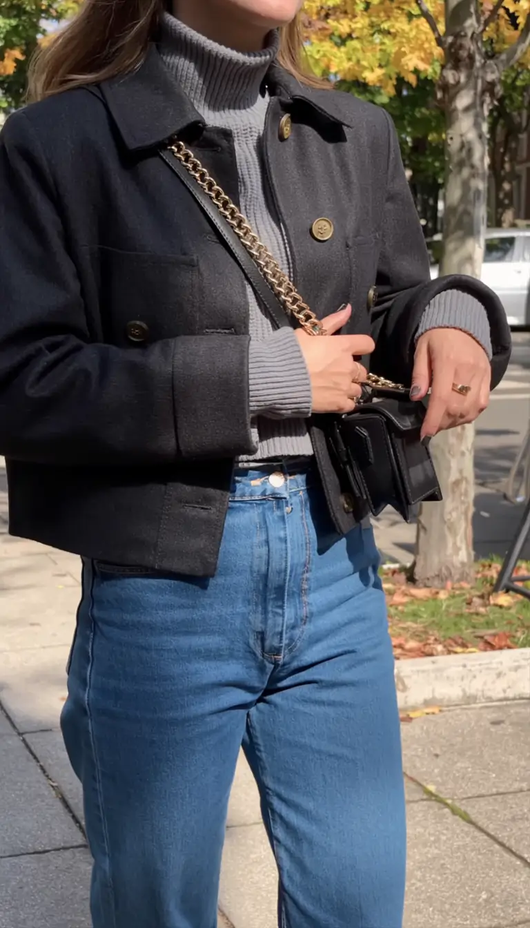 early winter outfits 2025 Cropped Jacket with Gold Button Detail