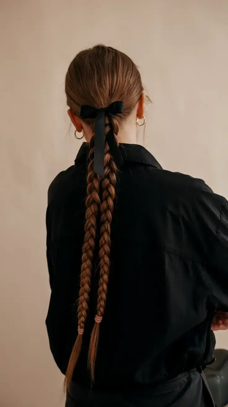 easy hairstyles for fall 2025 Classic Twin Braids with Ribbon