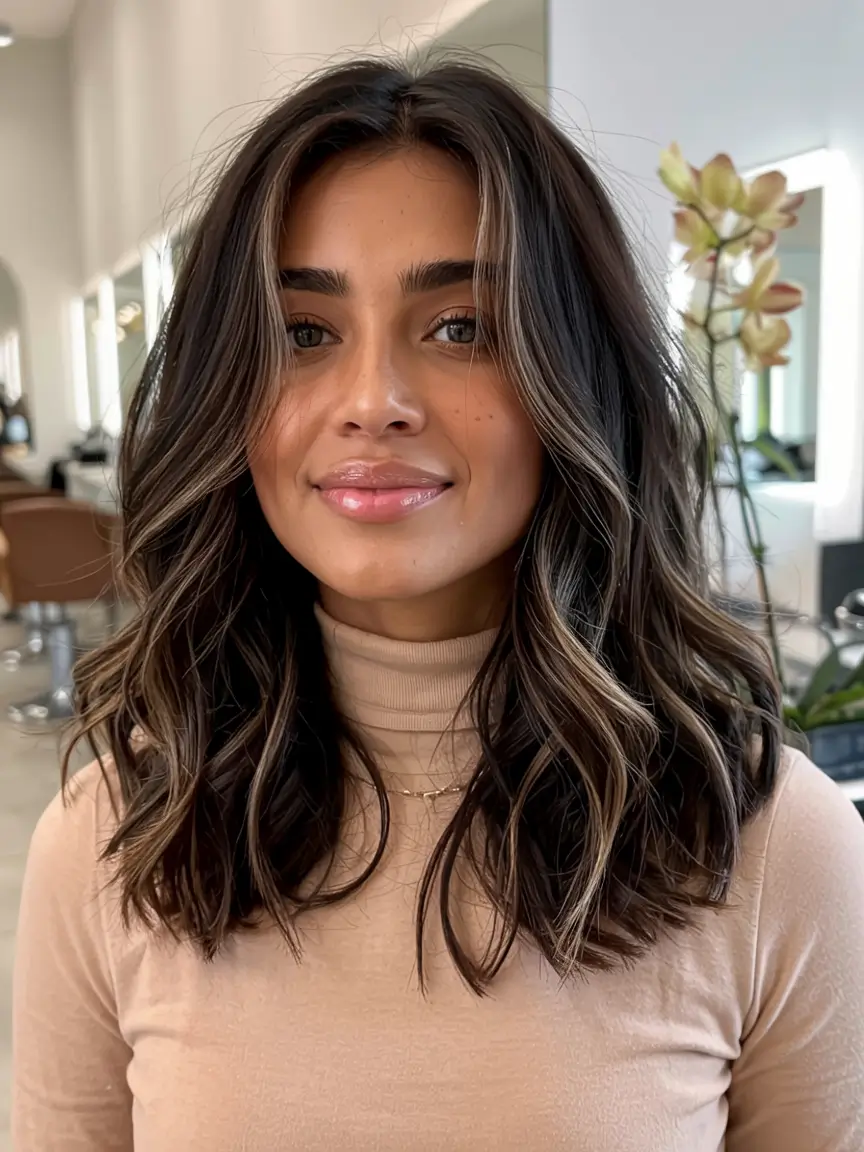 fall and winter haircuts ideas 20252026 Glossy Waves with Subtle Highlights