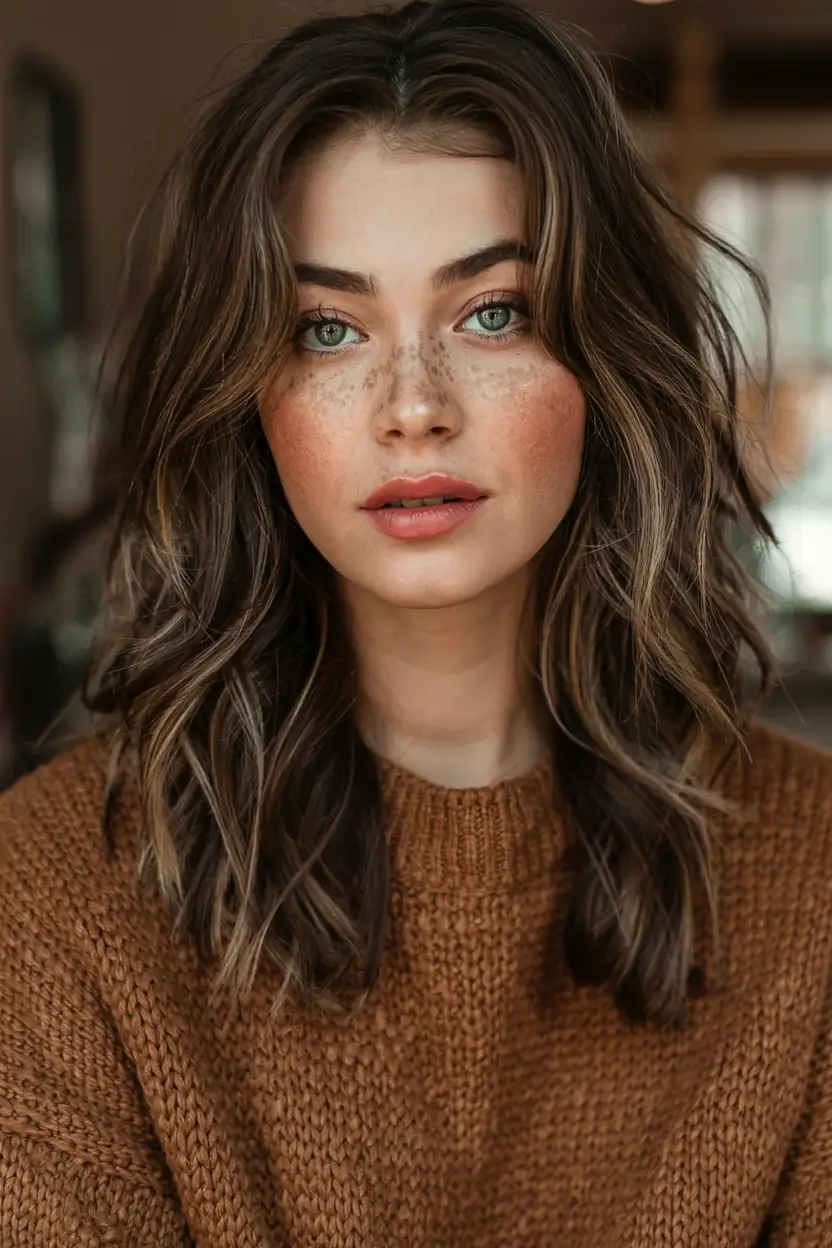 fall and winter haircuts ideas 20252026 Chestnut Waves with Autumn Warmth