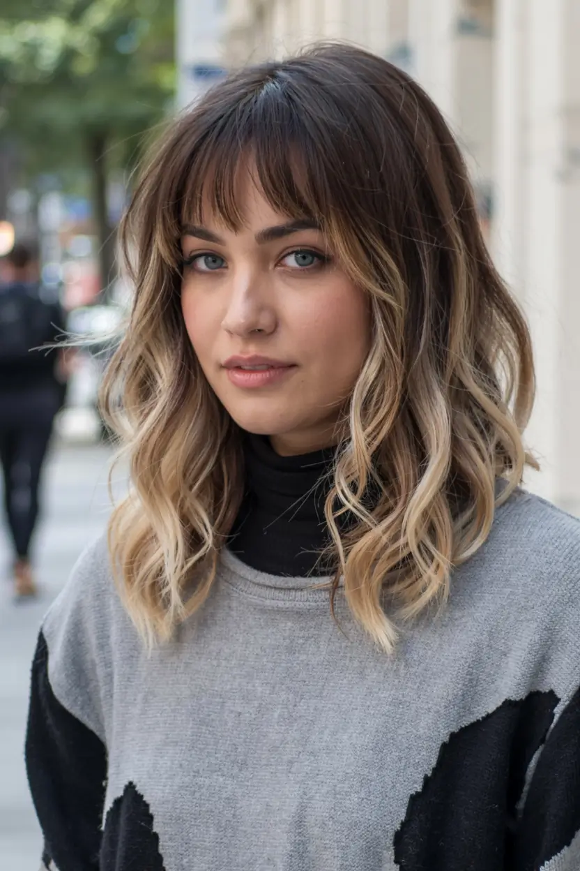 fall and winter haircuts ideas 20252026 Ombre Lob with Soft Fringe