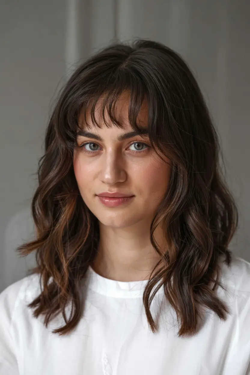 fall and winter haircuts ideas 2025 2026 Soft Waves with Baby Bangs
