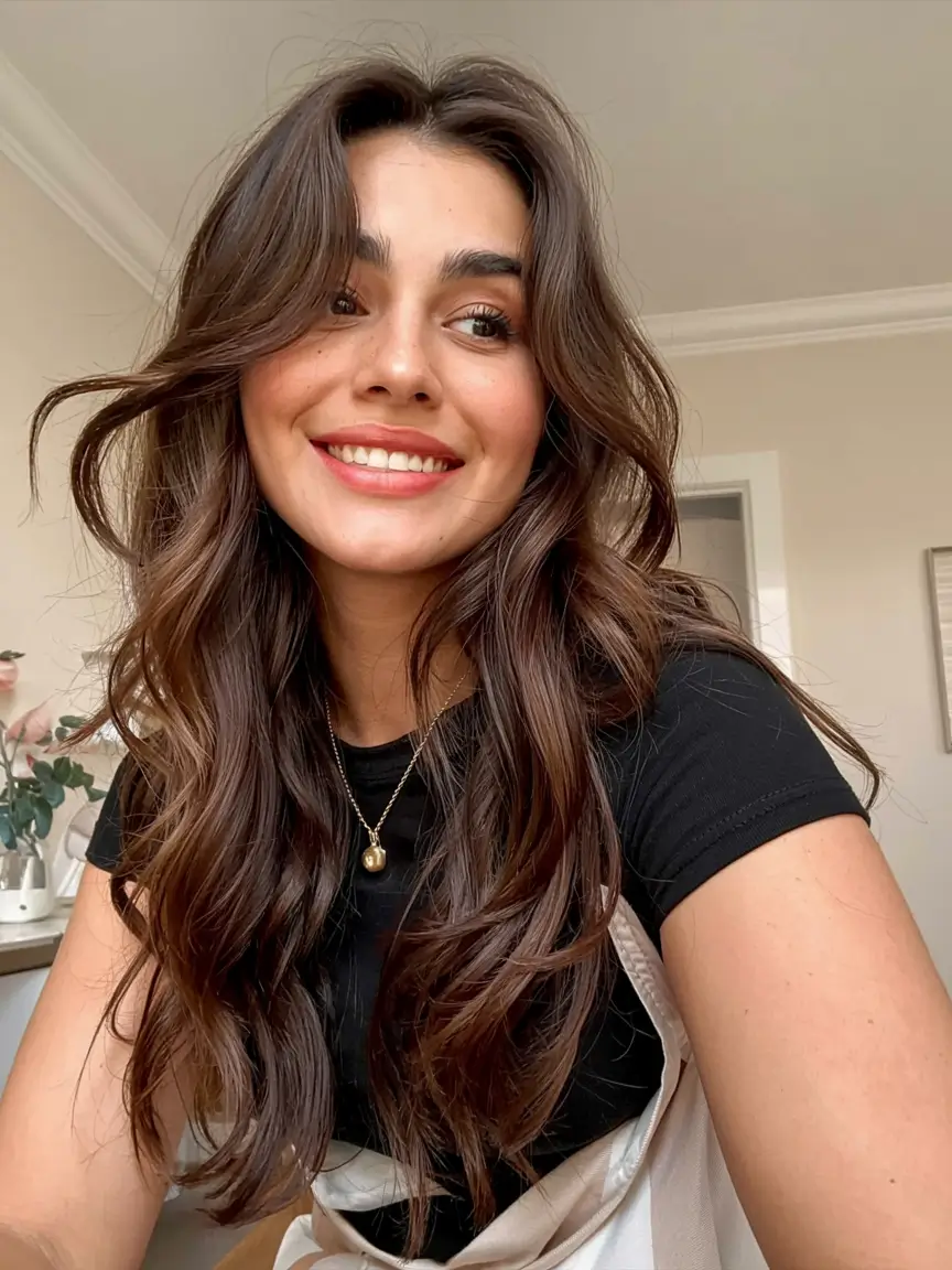fall and winter haircuts ideas 2025 2026 Voluminous Waves with Curtain Bangs
