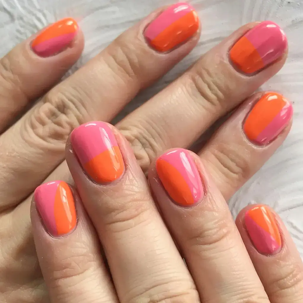 fall color-block nails 2025 Juicy Orange-Pink Fusion