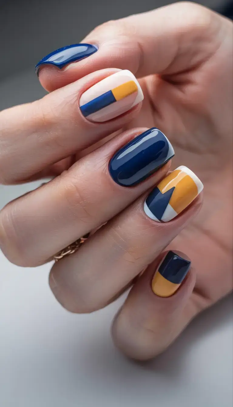 fall color-block nails 2025 Modern Navy and Mustard
