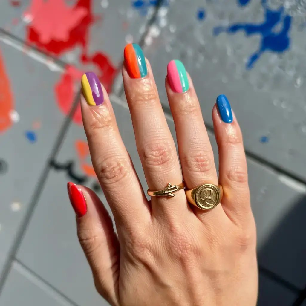 fall color-block nails 2025 Color-Blocked Rainbow Pop