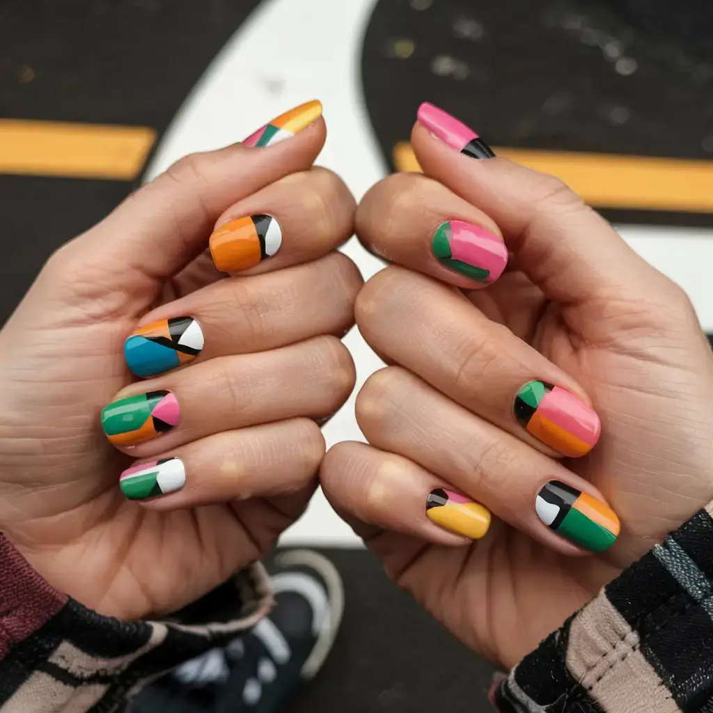 fall color-block nails 2025 Geometric Street-Style Blocks