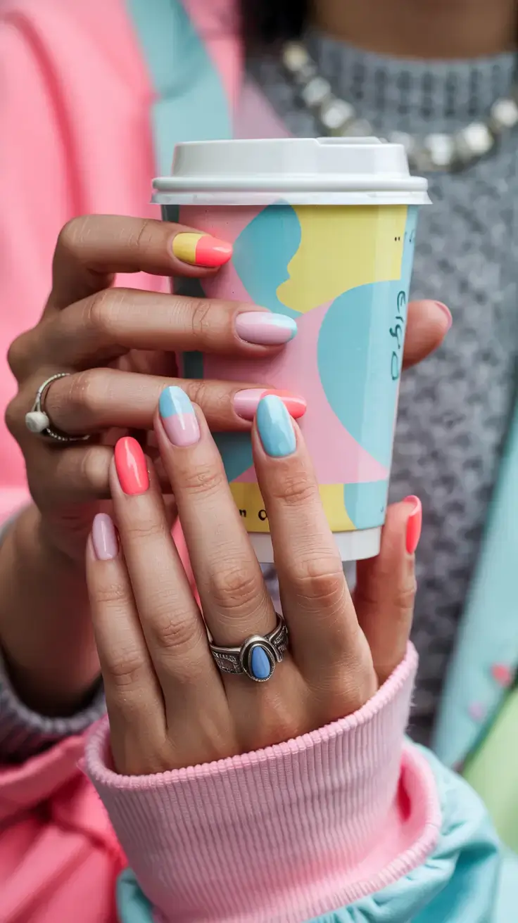 fall color-block nails 2025 Pastel Latte Blocks