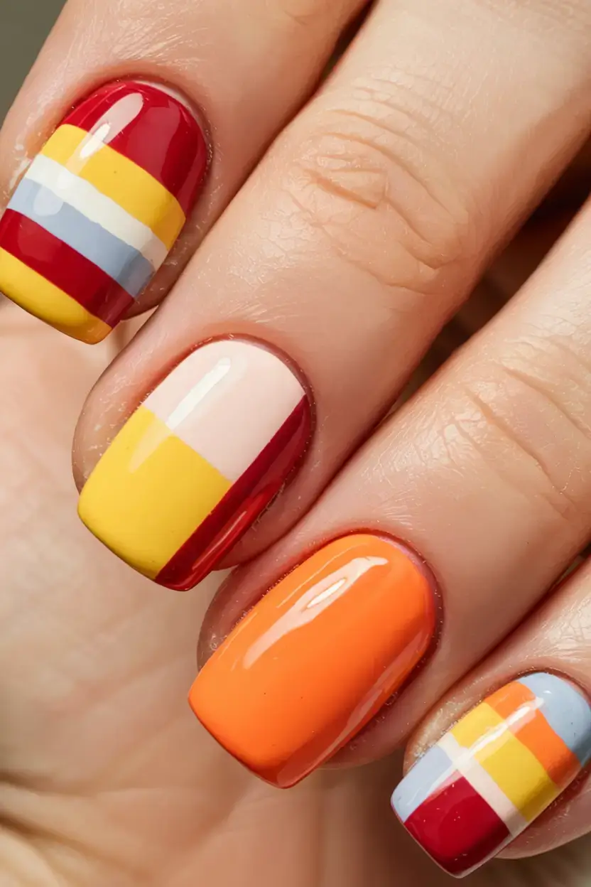 fall color-block nails 2025 Striped Retro Vibes