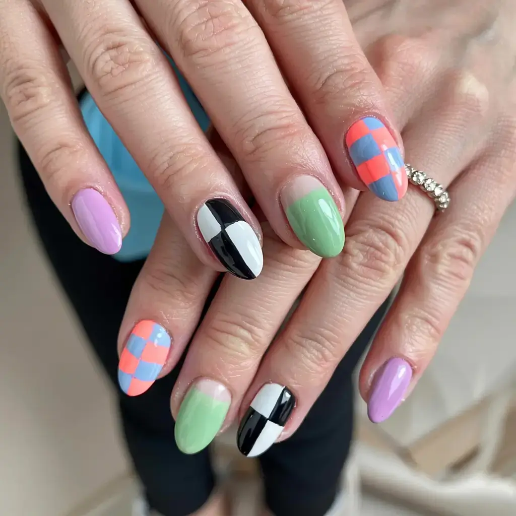 fall color-block nails 2025 Playful Mismatch Checks