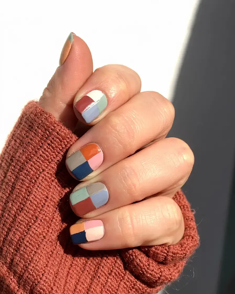 fall color-block nails 2025 Patchwork Cozy Blocks