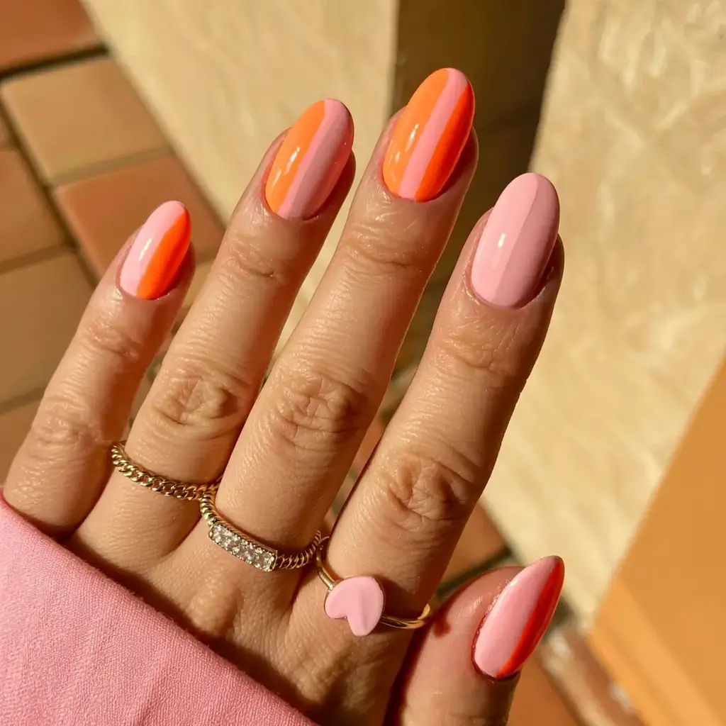 fall color-block nails 2025 Tangerine-Pink Vertical Glow