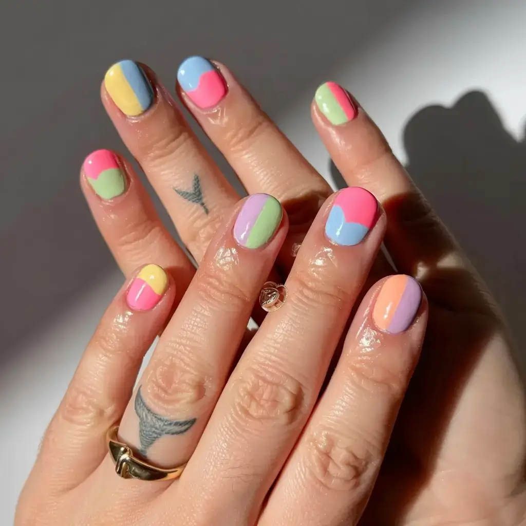 fall color-block nails 2025 Pastel Joy Blocks