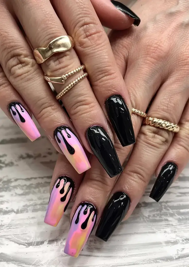 fall drip nails 2025 Black Meets Sunset Ombre