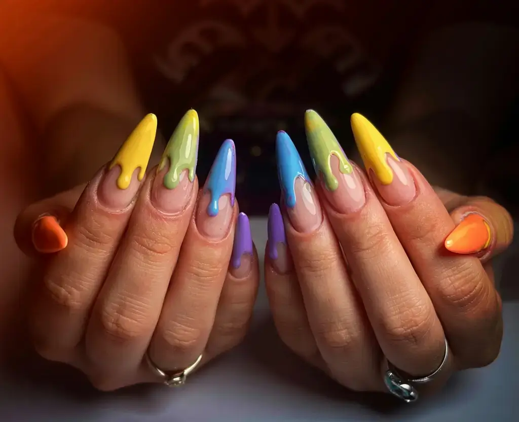 fall drip nails 2025 Rainbow-Tipped Drips