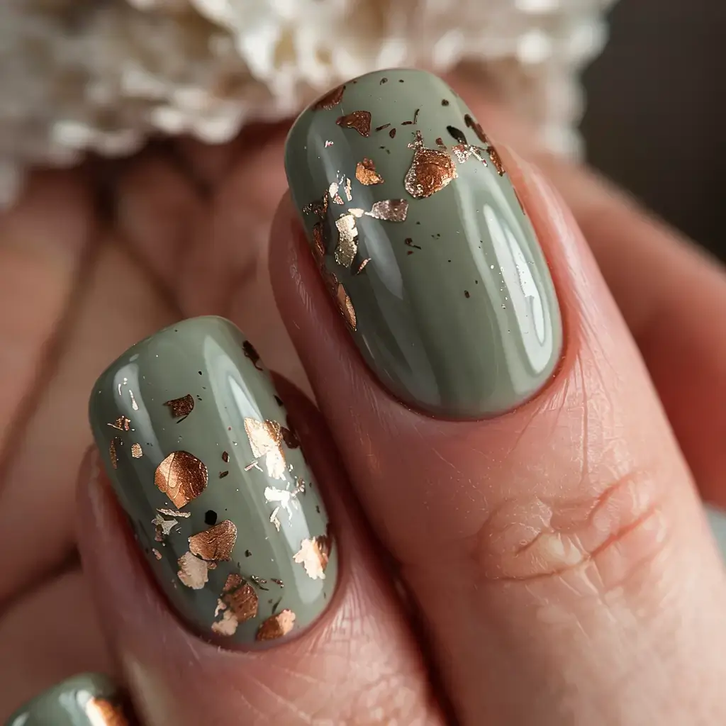 fall foil accent nails 2025 Olive Green with Copper Foil Flecks