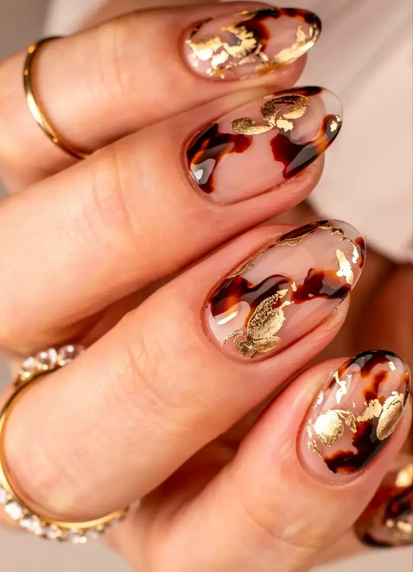 fall foil accent nails 2025 Tortoiseshell with Gilded Accents