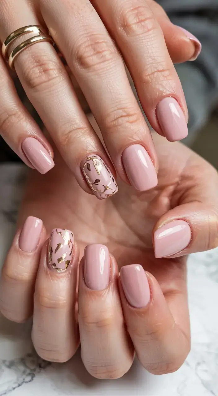 fall foil accent nails 2025 Blush Pink with Leafy Gold Accents