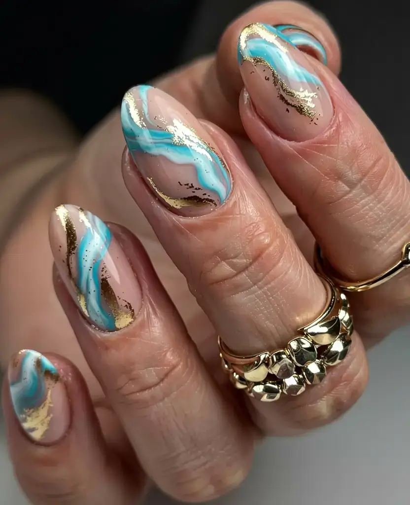 fall foil accent nails 2025 Ocean-Inspired Marble with Golden Waves