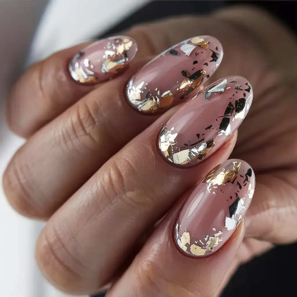 fall foil accent nails 2025 Shattered Foil on a Rosy Base