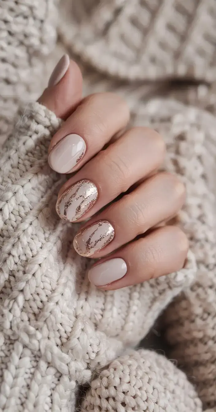 fall foil accent nails 2025 Soft Neutrals with Glittering Veins