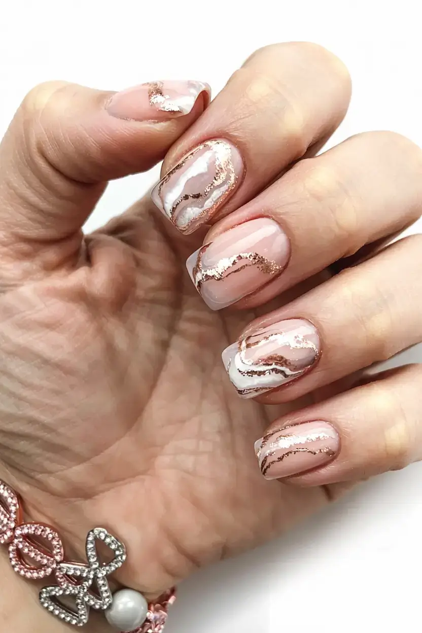 fall foil accent nails 2025 Rose-Gold Marble with Soft Metallic Veins