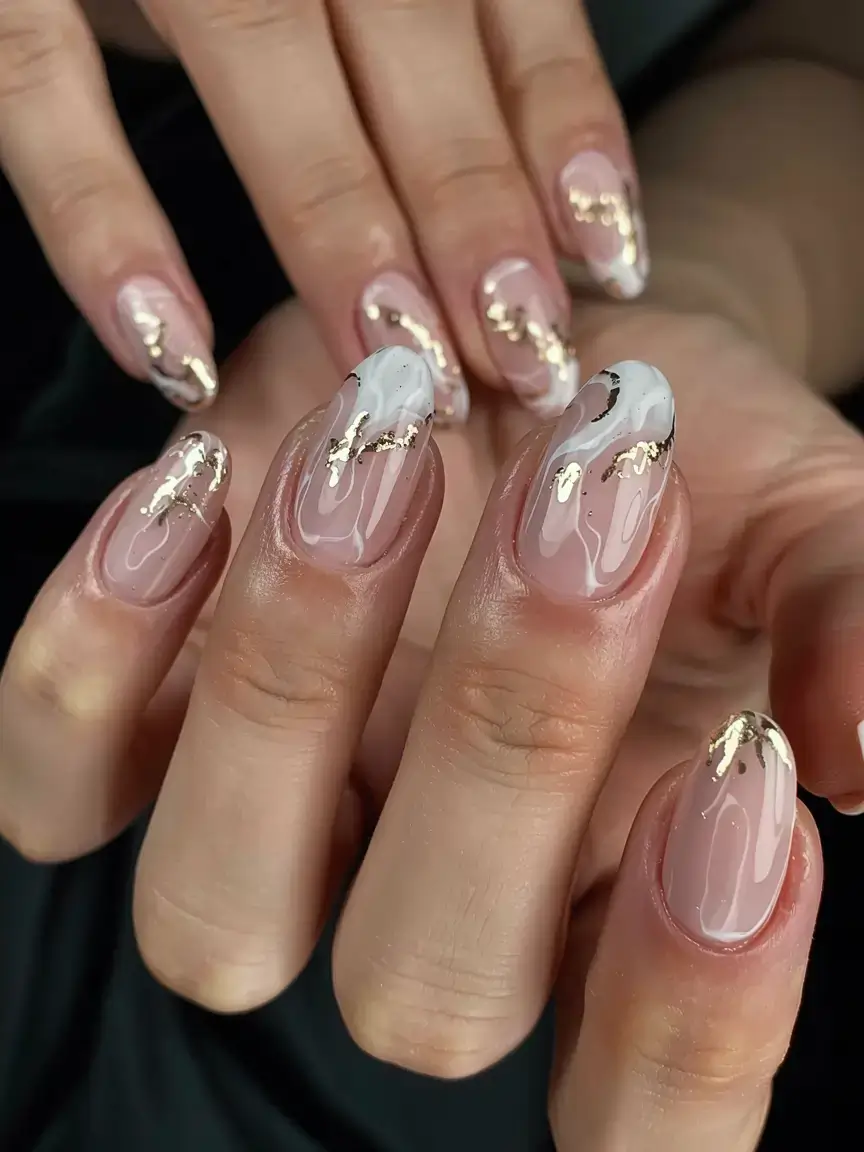 fall foil accent nails 2025 White Marble Tips with Gold Waves
