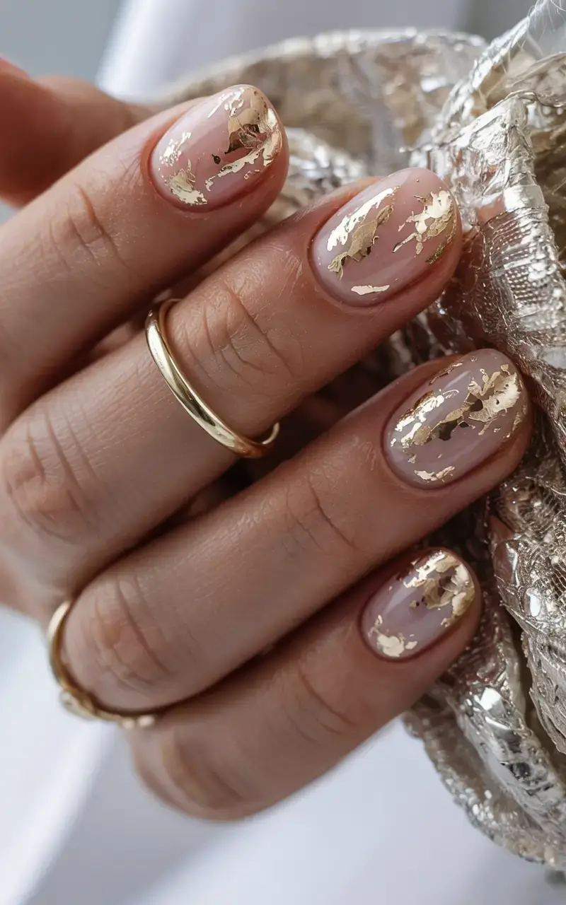 fall foil accent nails 2025 Sheer Nude with Bold Gold Foil