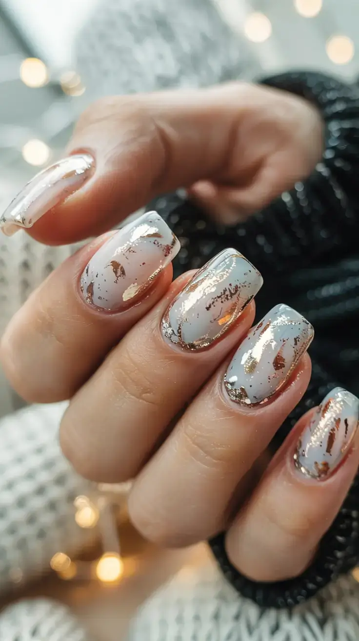 fall foil accent nails 2025 Frosted Gray with Copper-Gold Foil