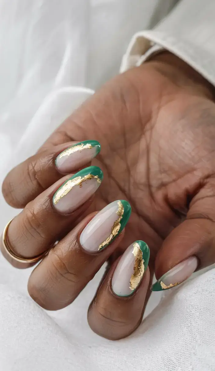 fall foil accent nails 2025 Emerald French Tips with Gold Accents