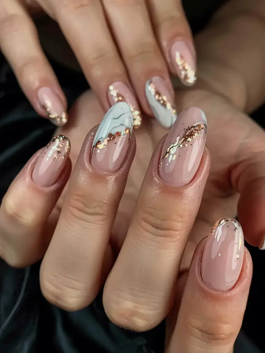fall foil accent nails 2025 Soft Rose with White Marble and Foil Veins