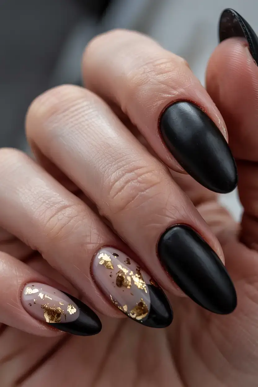fall foil accent nails 2025 Matte Black and Gold Foil Drama