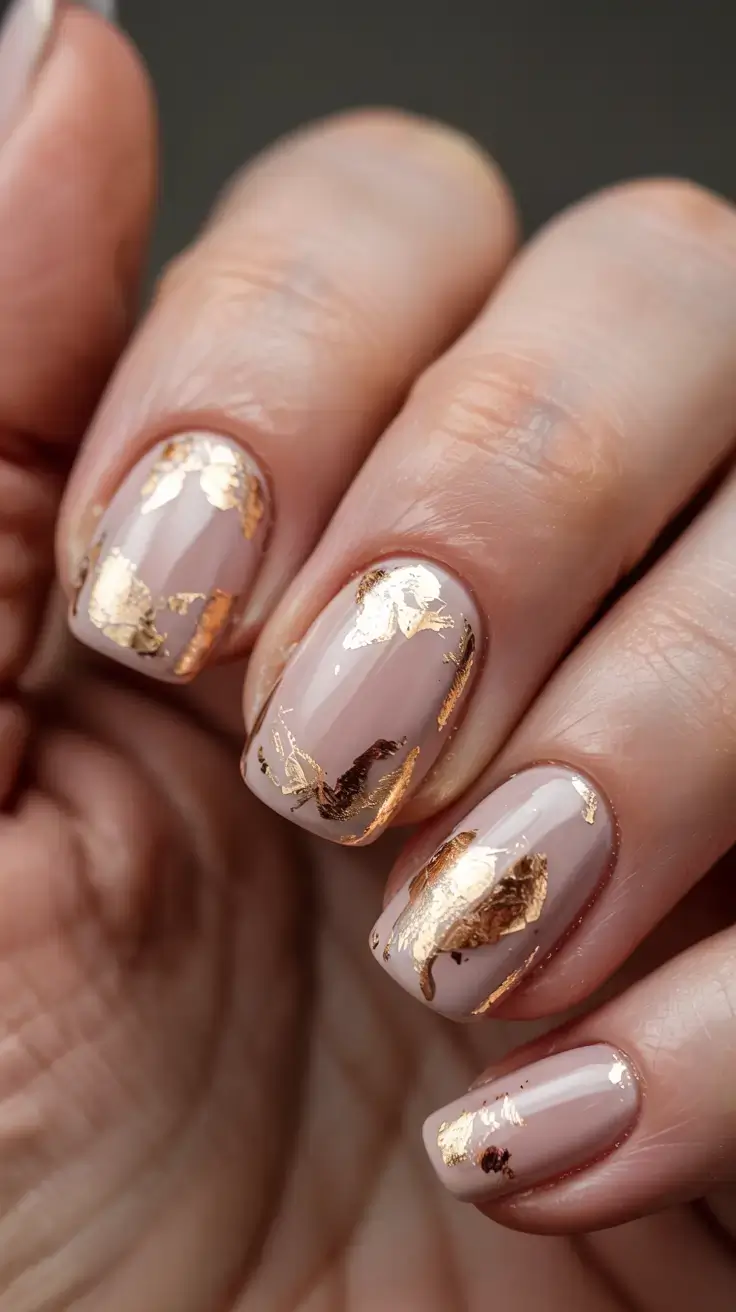 fall foil accent nails 2025 Classic Nude with Rose-Gold Foil