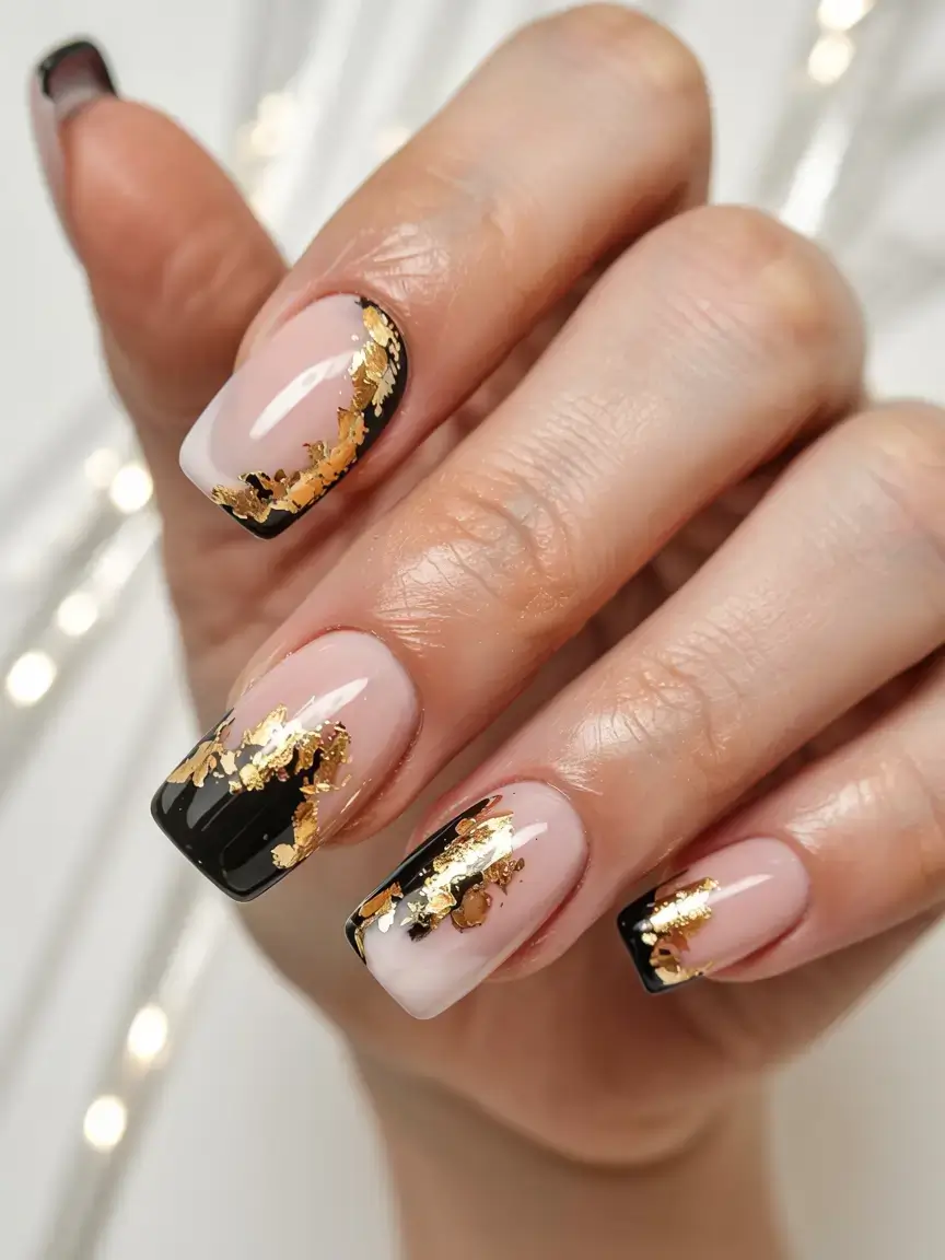 fall foil accent nails 2025 Square French Tips with Gilded Borders