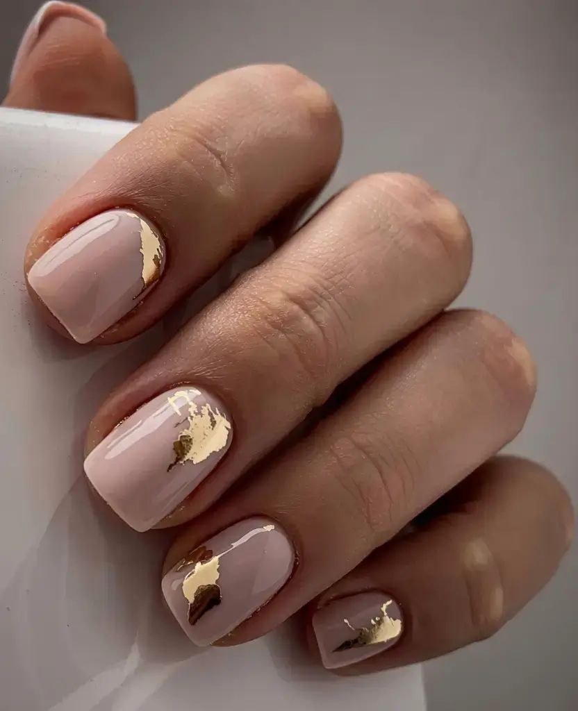 fall foil accent nails 2025 Minimalist Nude with Delicate Gold Accents